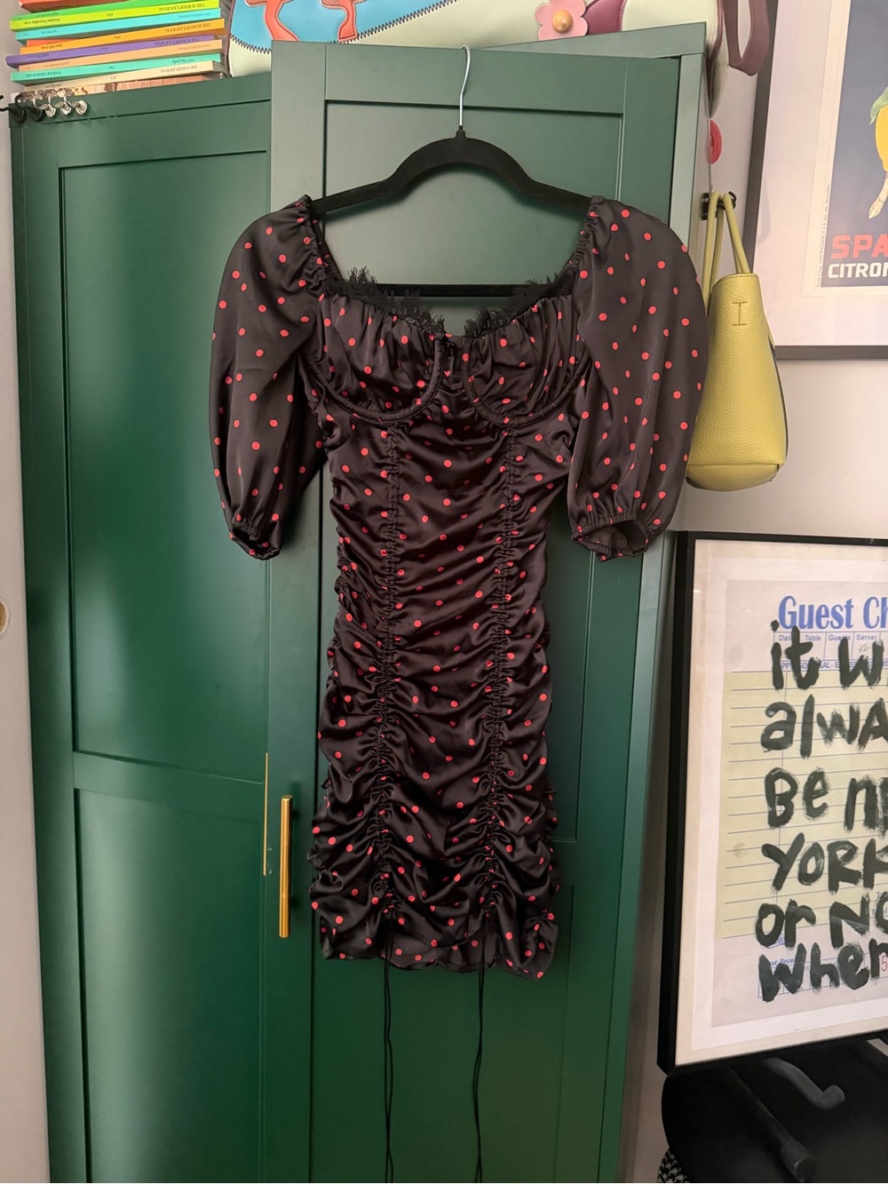 For Love and Lemons Black Polka Dot Ruched Mini Dress
